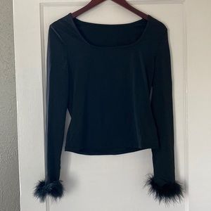 Shein black long sleeve cropped shirt with feathers